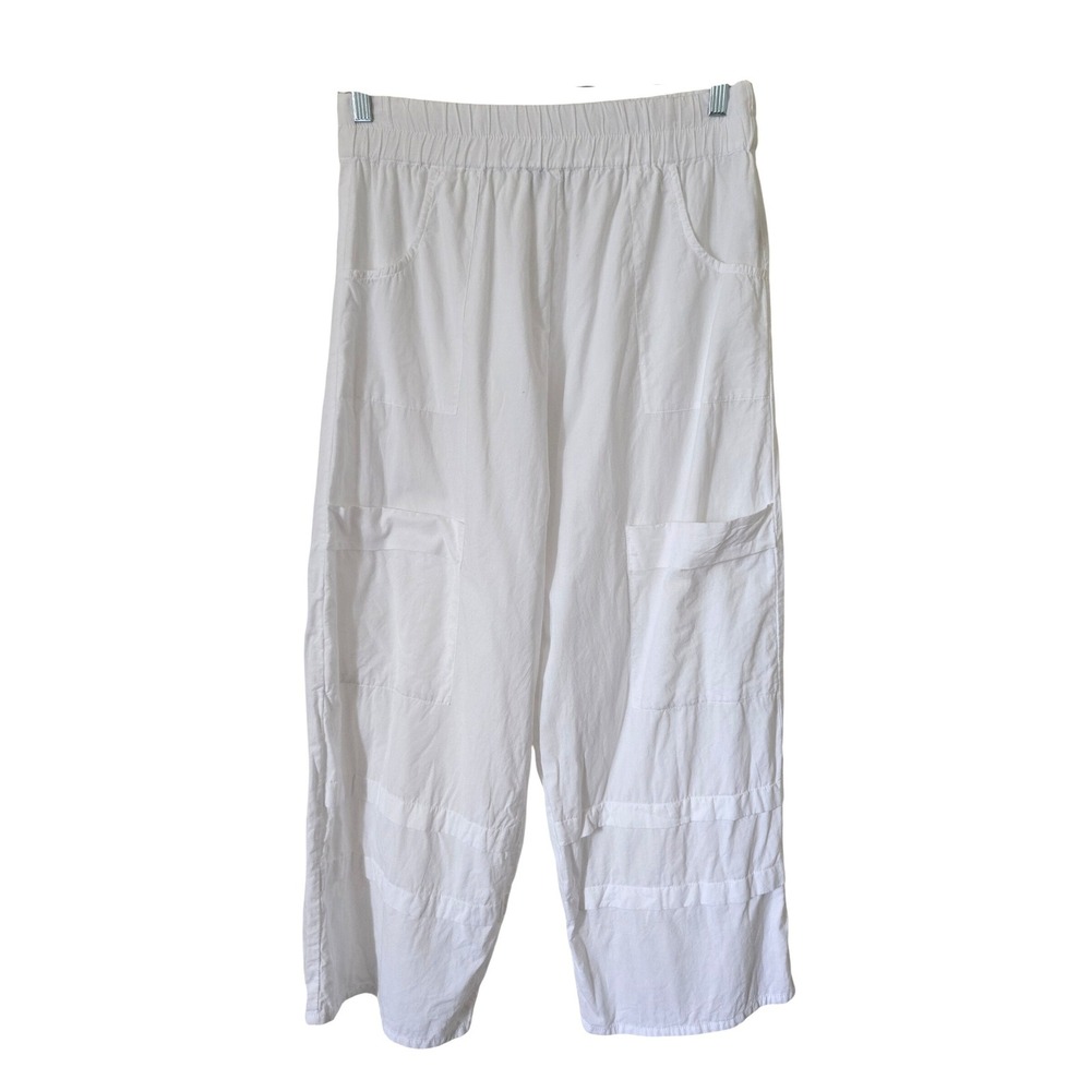 Tulip Womens M White 100% Cotton Wide Leg Elastic Waist Pants Coastal Beach Art